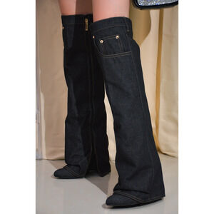 FASHION NOVA Marget Pointed Slit Pocket Knee High Denim Heels Boots - Black Sz 9